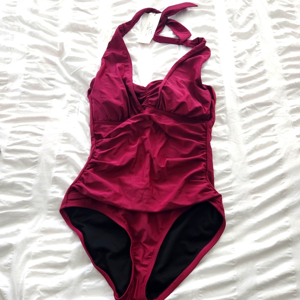 Raspberry halter bathing suit with ruching